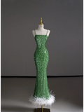 Gorgeous Sheath Spaghetti Straps Green Sleeveless Sequin Long Prom Dresses Graduation Dresses HZ1121