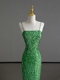 Gorgeous Sheath Spaghetti Straps Green Sleeveless Sequin Long Prom Dresses Graduation Dresses HZ1121