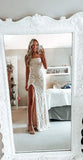 Simple Mermaid White Prom Dress Modest Slit Evening Dresses Formal Dresses HZ1121