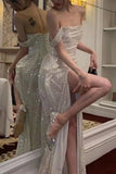 Sparkling Mermaid Off the Shoulder Silver Sequins Long Prom Dress with Split Front Formal Dresses HZ1121