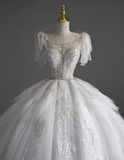 Timeless Ball Gown Scoop Short Sleeves Long Satin White Sweep Train Wedding Dresses Brides Dress HZ1121