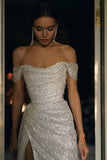 Sparkling Mermaid Off the Shoulder Silver Sequins Long Prom Dress with Split Front Formal Dresses HZ1121
