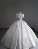 Timeless Ball Gown Scoop Short Sleeves Long Satin White Sweep Train Wedding Dresses Brides Dress HZ1121