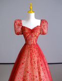 Fairy-tale A Line Sweetheart Red Tulle Long Prom Dresses Evening Dresses HZ1121
