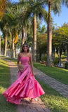 Classy Ball Gown Strapless Pink Floor Length Satin Slit Prom Dresses Evening Gowns Graduation Formal Dresses HZ1121