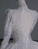 Timeless Ball Gown V Neckline Long Sleeves Long Satin White Sweep Train Wedding Dresses Brides Dress HZ1121