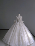 Timeless Ball Gown V Neckline Long Sleeves Long Satin White Sweep Train Wedding Dresses Brides Dress HZ1121
