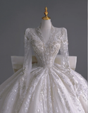 Timeless Ball Gown V Neckline Long Sleeves Long Satin White Sweep Train Wedding Dresses Brides Dress HZ1121