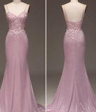 Classy Glitter Blush Mermaid Spaghetti Straps Long Prom Dress With Beading Graduation Dresses HZ1121