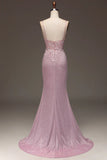 Classy Glitter Blush Mermaid Spaghetti Straps Long Prom Dress With Beading Graduation Dresses HZ1121