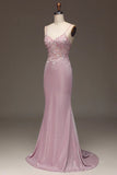 Classy Glitter Blush Mermaid Spaghetti Straps Long Prom Dress With Beading Graduation Dresses HZ1121