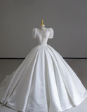 Timeless Ball Gown Scoop Neckline Short Sleeves Long Satin White Sweep Train Wedding Dresses Brides Dress HZ1121