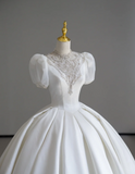 Timeless Ball Gown Scoop Neckline Short Sleeves Long Satin White Sweep Train Wedding Dresses Brides Dress HZ1121