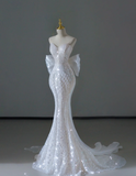 Dreamy Mermaid Off The Shoulder Sequin Long White Wedding Dresses Summer Brides Dress HZ1121