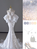 Dreamy Mermaid Off The Shoulder Sequin Long White Wedding Dresses Summer Brides Dress HZ1121