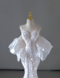 Dreamy Mermaid Off The Shoulder Sequin Long White Wedding Dresses Summer Brides Dress HZ1121