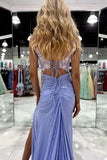 Classy Lilac Floral Appliques Square Neck Mermaid Prom Dresses with Slit Graduation Dresses HZ1121
