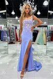 Classy Lilac Floral Appliques Square Neck Mermaid Prom Dresses with Slit Graduation Dresses HZ1121