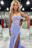 Classy Lilac Floral Appliques Square Neck Mermaid Prom Dresses with Slit Graduation Dresses HZ1121