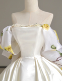 Dreamy Ball Gown Off The Shoulder Satin Long Floral Wedding Dresses Summer Brides Dress HZ1121