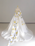 Dreamy Ball Gown Off The Shoulder Satin Long Floral Wedding Dresses Summer Brides Dress HZ1121