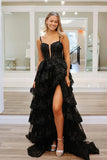 Classy Black Sweetheart Tiered Sequin Lace Long Prom Dresses Graduation Dresses HZ1121
