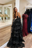 Classy Black Sweetheart Tiered Sequin Lace Long Prom Dresses Graduation Dresses HZ1121