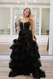 Classy Black Sweetheart Tiered Sequin Lace Long Prom Dresses Graduation Dresses HZ1121