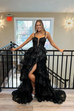 Classy Black Sweetheart Tiered Sequin Lace Long Prom Dresses Graduation Dresses HZ1121