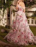 Classy Prom Dresses Floral Dress Formal Wedding Guest Sweep Train Sleeveless Off Shoulder Lace Graduation Dresses HZ1121