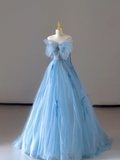 Pretty Ball Gown Strapless Blue Tulle l Sleeveless Long Prom Dresses Evening Dresses HZ1121