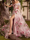 Classy Prom Dresses Floral Dress Formal Wedding Guest Sweep Train Sleeveless Off Shoulder Lace Graduation Dresses HZ1121