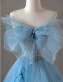 Pretty Ball Gown Strapless Blue Tulle l Sleeveless Long Prom Dresses Evening Dresses HZ1121