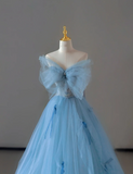 Pretty Ball Gown Strapless Blue Tulle l Sleeveless Long Prom Dresses Evening Dresses HZ1121