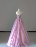 Pretty Ball Gown Strapless Pink Tulle l Sleeveless Long Prom Dresses Evening Dresses HZ1121