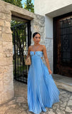 Classy A line Halter Blue Sleeveless Hollow pleated long Prom dresses Graduation Dresses HZ1121