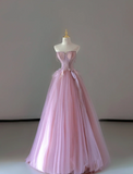 Pretty Ball Gown Strapless Pink Tulle l Sleeveless Long Prom Dresses Evening Dresses HZ1121