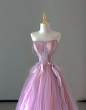 Pretty Ball Gown Strapless Pink Tulle l Sleeveless Long Prom Dresses Evening Dresses HZ1121