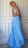 Classy A line Halter Blue Sleeveless Hollow pleated long Prom dresses Graduation Dresses HZ1121