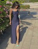 Simple Navy Blue Mermaid Prom Dress Long Satin Evening Gown Graduation Dresses HZ1121
