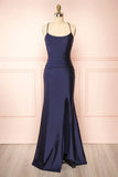 Simple Navy Blue Mermaid Prom Dress Long Satin Evening Gown Graduation Dresses HZ1121