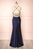 Simple Navy Blue Mermaid Prom Dress Long Satin Evening Gown Graduation Dresses HZ1121
