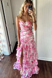 Simple Mermaid Strapless Floral Printed Chiffon Prom Dress with Slit Graduation Dresses HZ1121