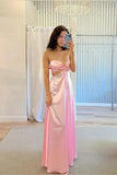 Simple Strapless Pink Back Tie A-line Long Dress Graduation Dresses HZ1121
