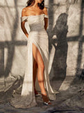 Simple Mermaid Off the Shoulder Silver Sequins Long Prom Dress with Split Front Formal Dresses HZ1121