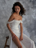 Simple Mermaid Off the Shoulder Silver Sequins Long Prom Dress with Split Front Formal Dresses HZ1121