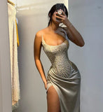 Elegant Strapless Mermaid High Split Prom Dress Long With Sequins Beads Formal Dresses HZ1121