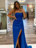 Pretty Mermaid Strapless Satin Long Prom Dresses With Split Prom Dress Graduation Dress HZ1121