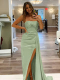 Pretty Mermaid Strapless Satin Long Prom Dresses With Split Prom Dress Graduation Dress HZ1121