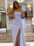 Pretty Mermaid Strapless Satin Long Prom Dresses With Split Prom Dress Graduation Dress HZ1121